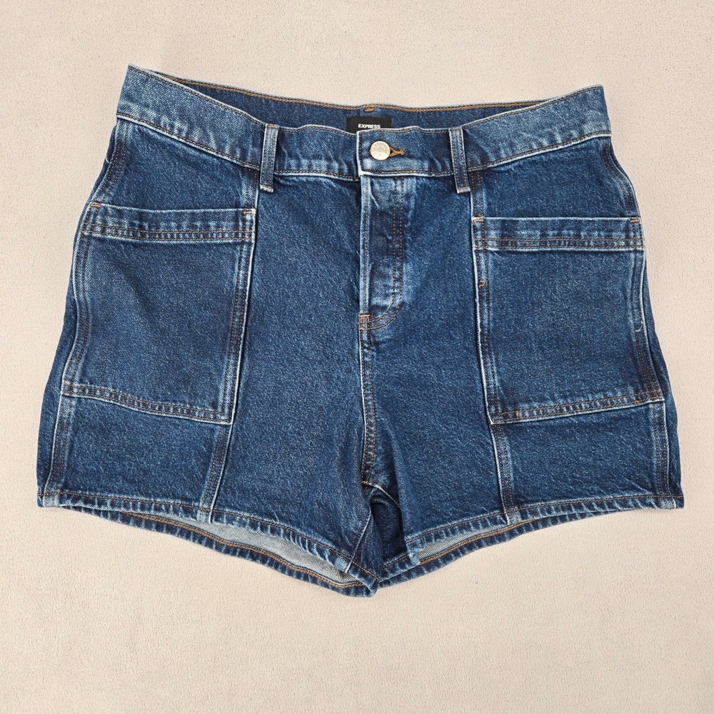 Express Womens 12 Denim Shorts Mid Rise Stretch Utility Dark Wash 4in Inseam